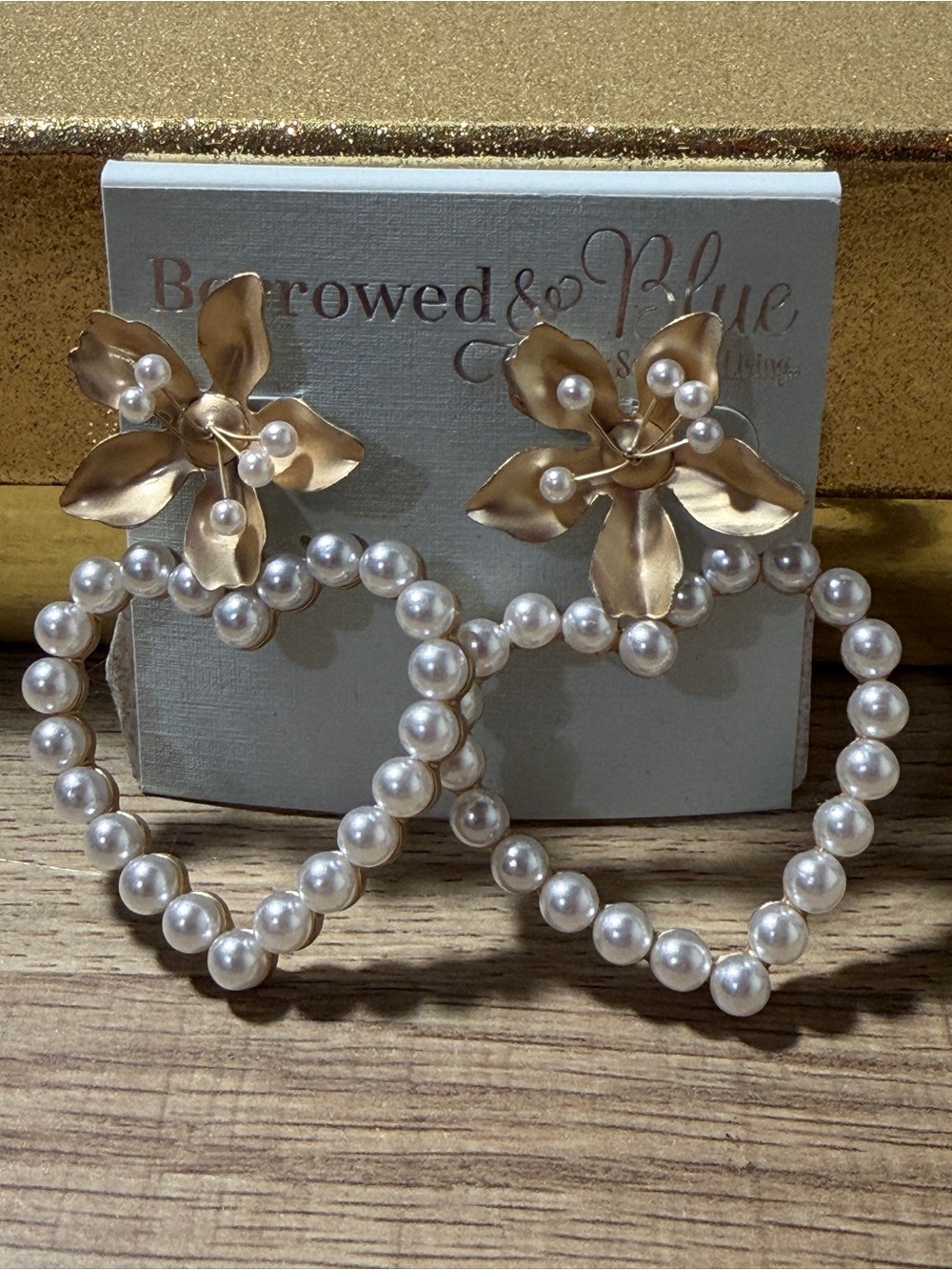 Borrowed & Blue Pearl Heart Hoop Earrings with Gold Floral Studs